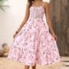 Womens Summer Floral Midi Dress Smocked Spaghetti Strap Sleeveless Tiered Casual Flowy Dresses