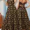 Women's Summer V-Neck Floral Print Strappy Dress - Sexy Backless Bowknot Flowy Maxi Party Dress