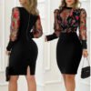 Women's Sexy Bodycon Midi Dress Mock Neck Long Sleeve Sheer Dresses Night Club Party Dresses